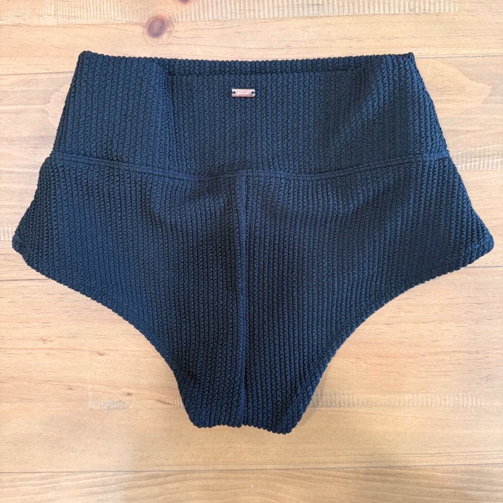 PINK Victoria's Secret Black Smocked High Waist Bikini Bottom XS Recycled Fabric - Picture 2 of 4